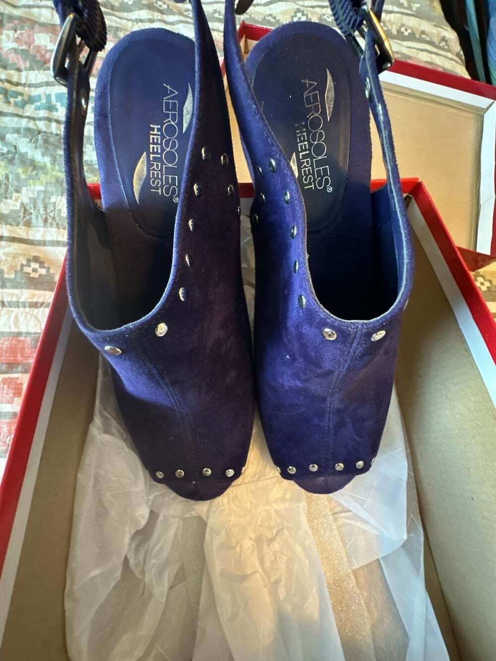 Aerosoles Heel Rest Purple Suede Studded Peep Toe Slingback Heels Size 8.5